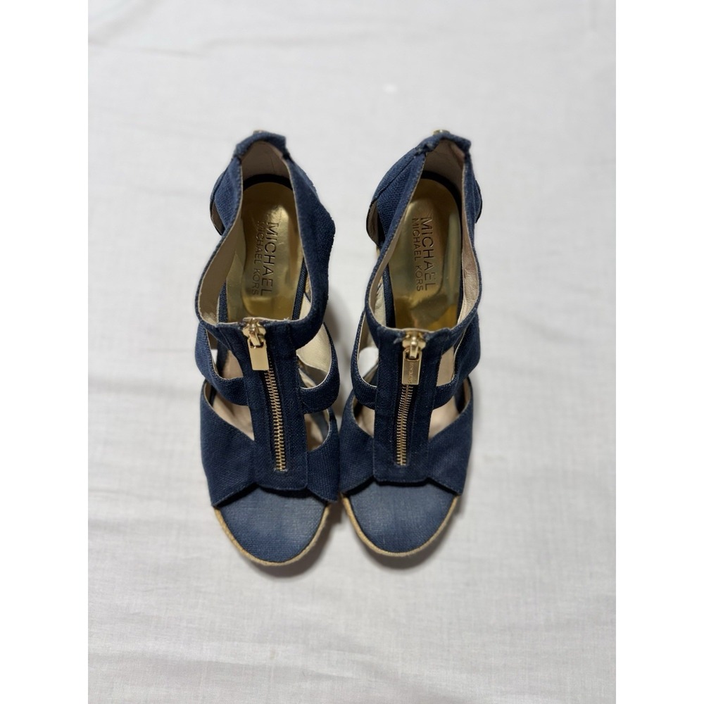 Michael Kors Berkley Navy Blue Canvas Front Zip Espadrille Wedge Sandals Size 7M - Picture 4 of 8